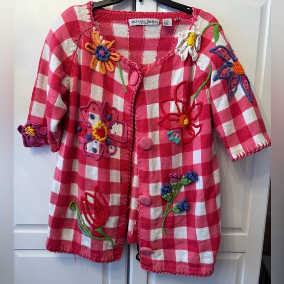 Michael Simon Sweaters - Michael Simon Red/Pink Embroidered, Handmade Flowers And Beads Sz O/S
